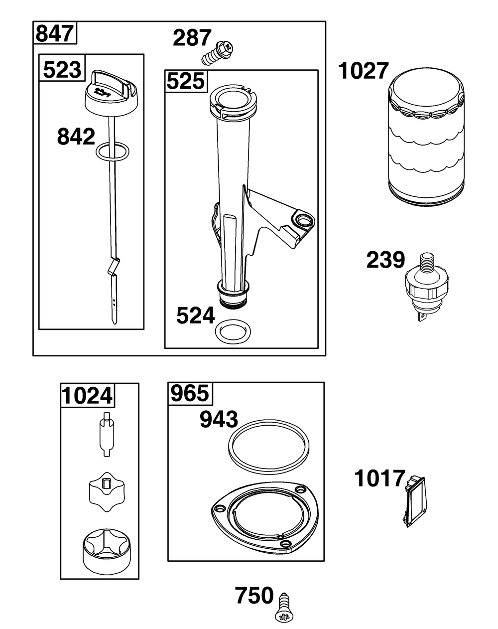 Lubrication Group Diagram and Parts List for 40U777-0003-B5 400000 - 699999 Briggs and Stratton Engine